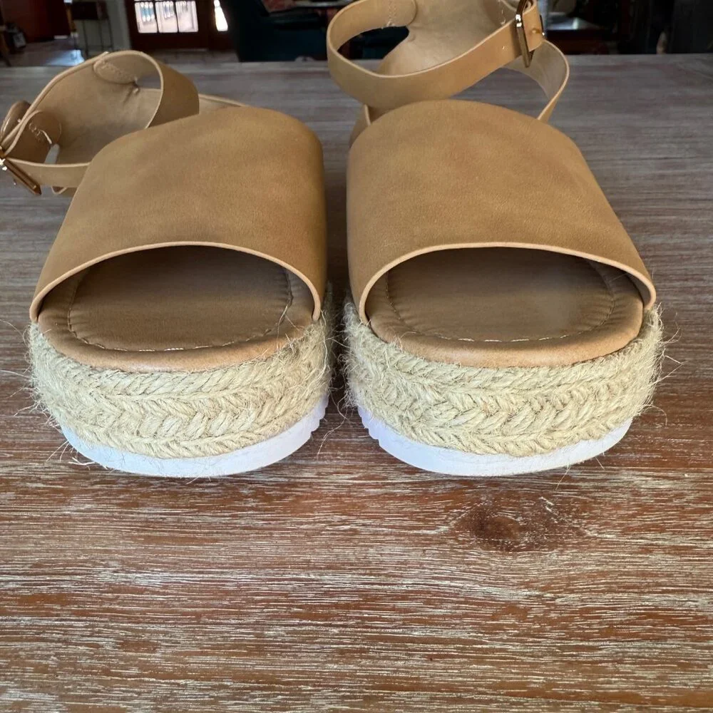 Forever Taupe Tan Open Toe Ankle Strap‎ Espadrille Size 10